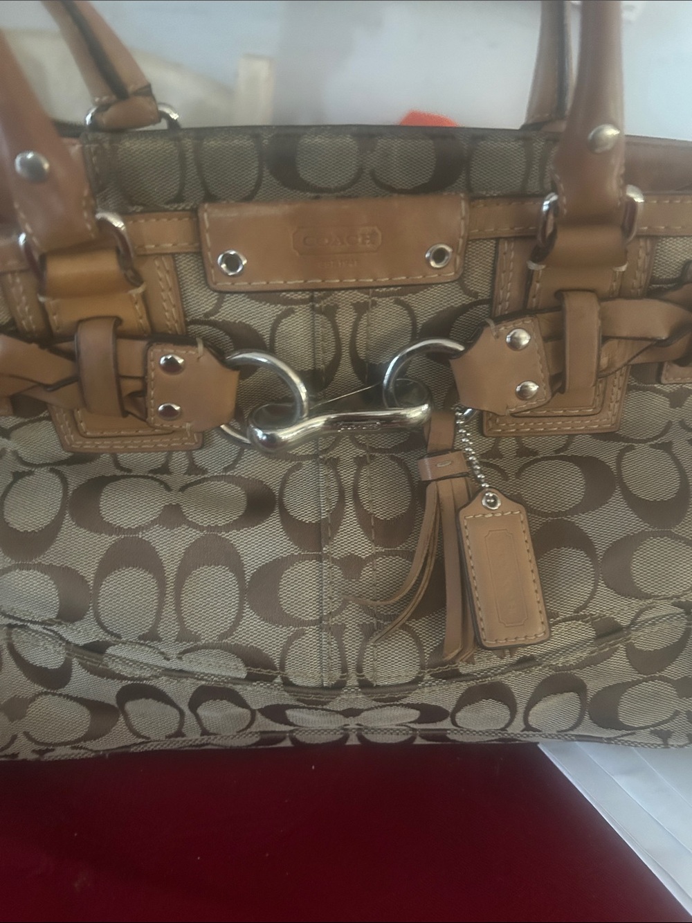 Coach Khaki and Saddle Canvas Shoulder Bag with Leather Trim